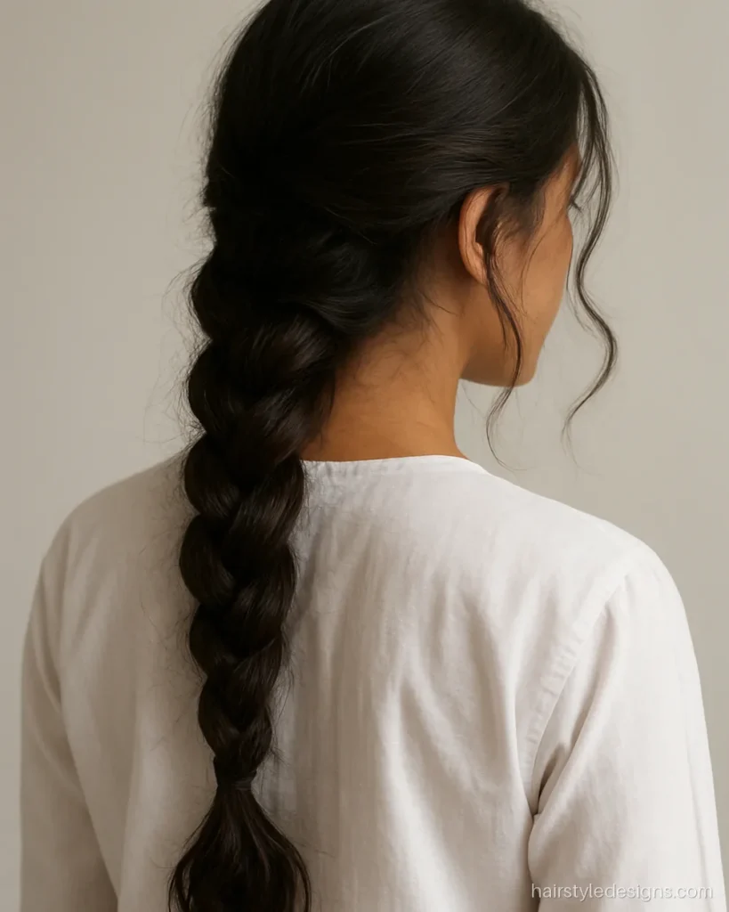 Messy braid hairstyle front look with loose strands and a pulled-apart side braid