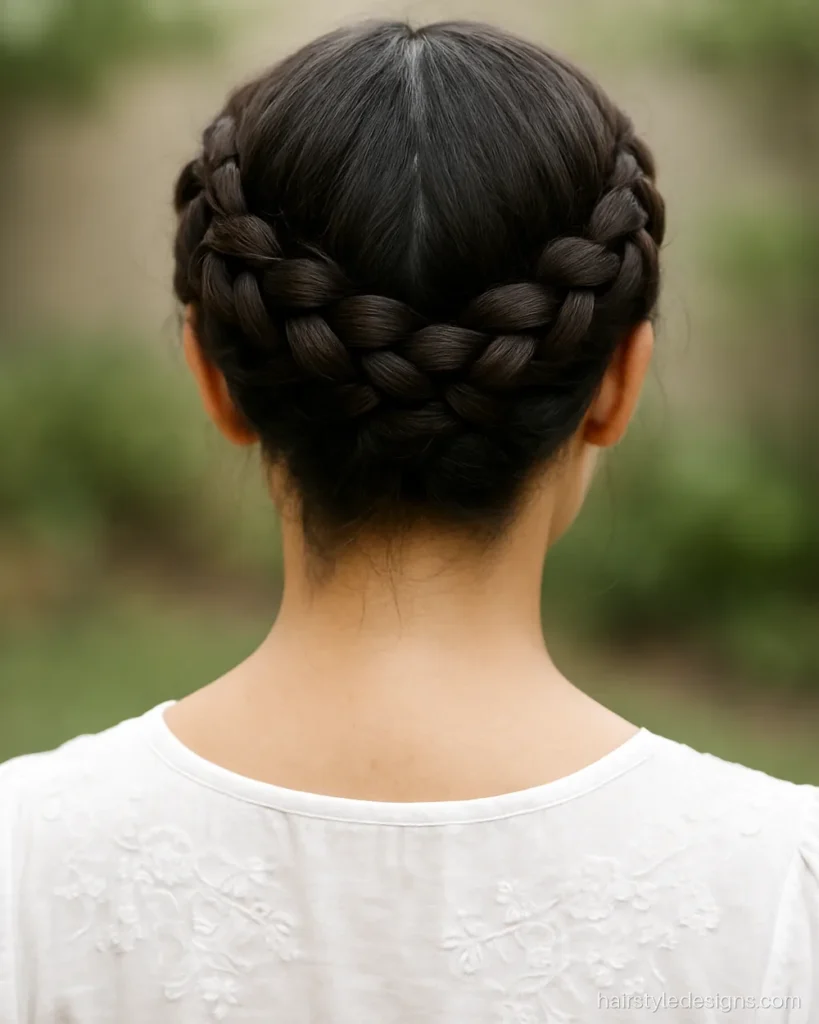 Braided crown hairstyle with two braids pinned over the top of the head
