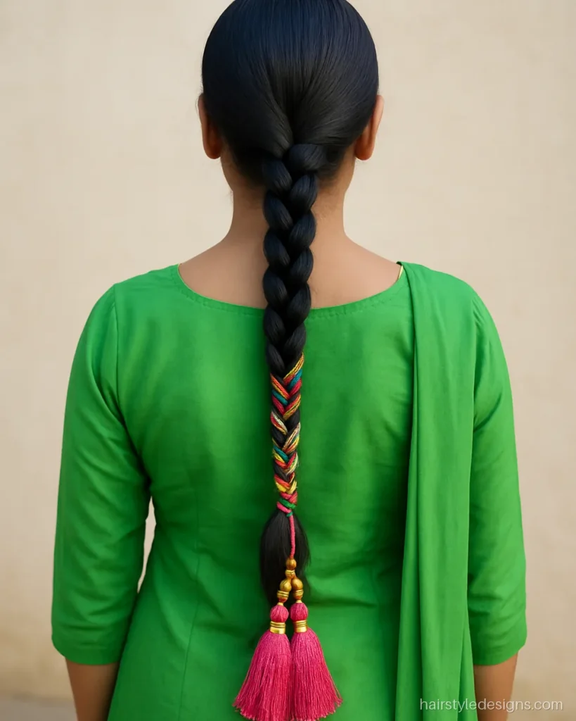 Paranda hairstyle with a long Punjabi choti and colourful silk tassels
