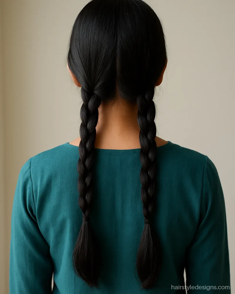 Two braids hairstyle with simple low plaits behind each ear