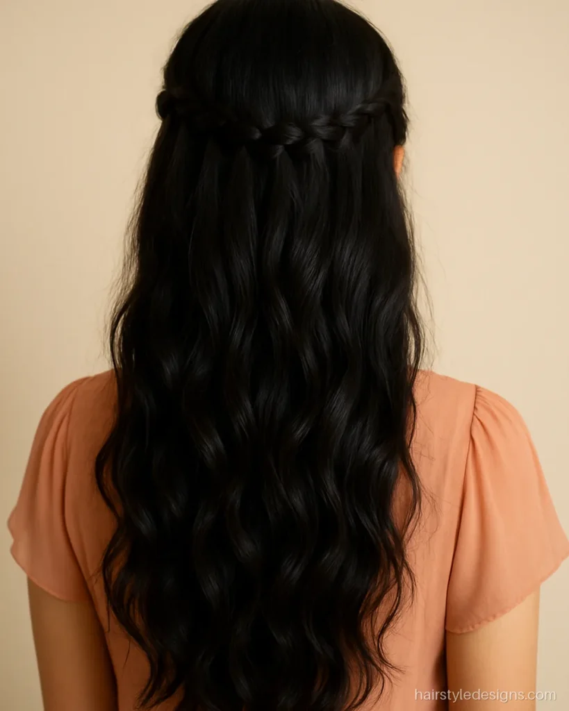 Waterfall braid hairstyle with open waves falling through the braid