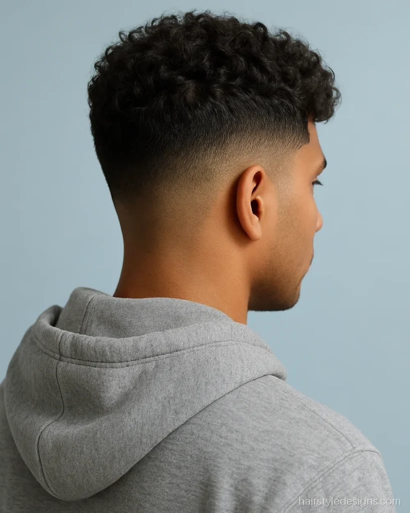 Curly hair hairstyle boys like, with a short curly crop and drop fade