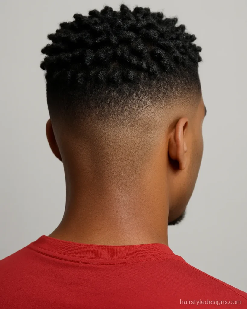 Coily hair with short sponge twists on top and a high fade