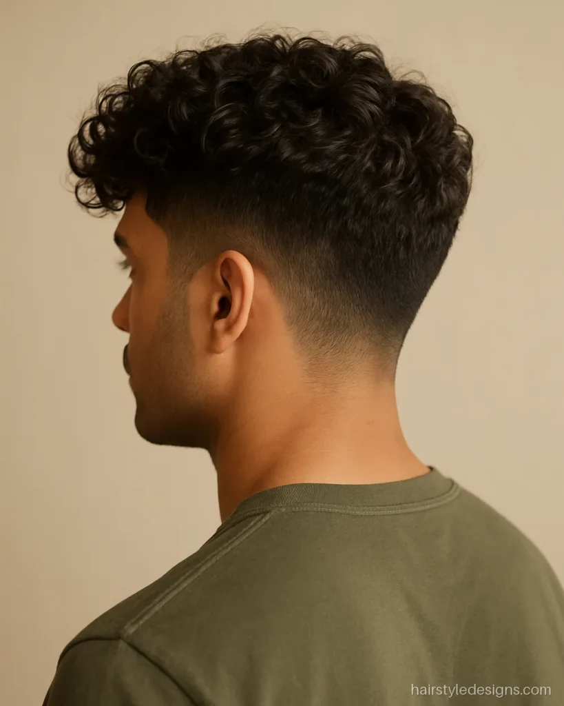 Men's curly hairstyle with a curly fringe falling forward and low taper