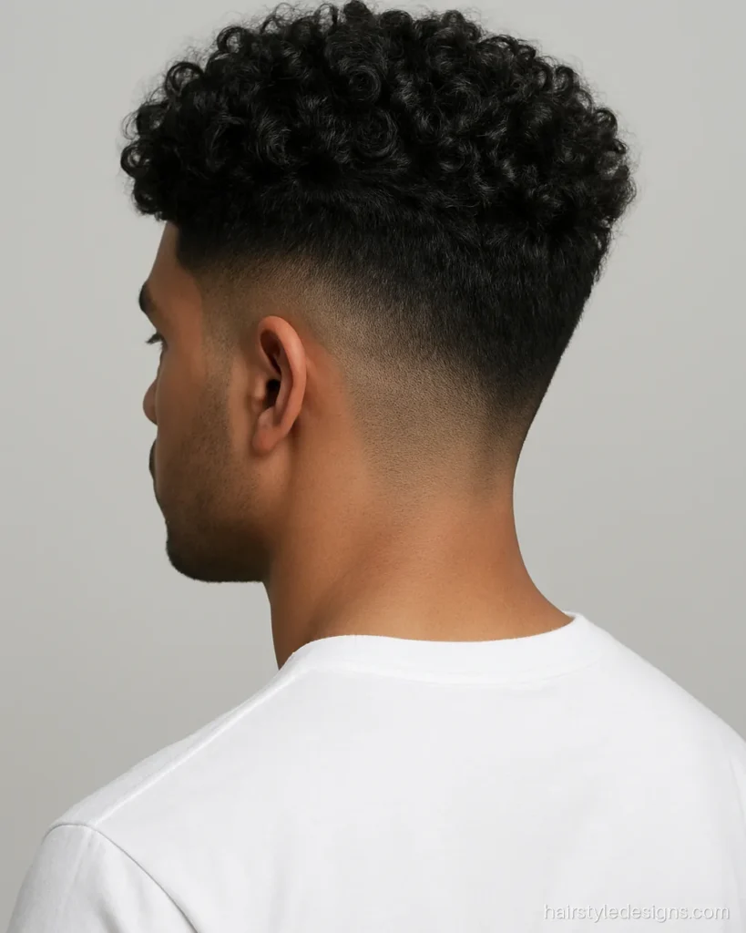 Curly hairstyle men love, with a mid skin fade and tight curls on top