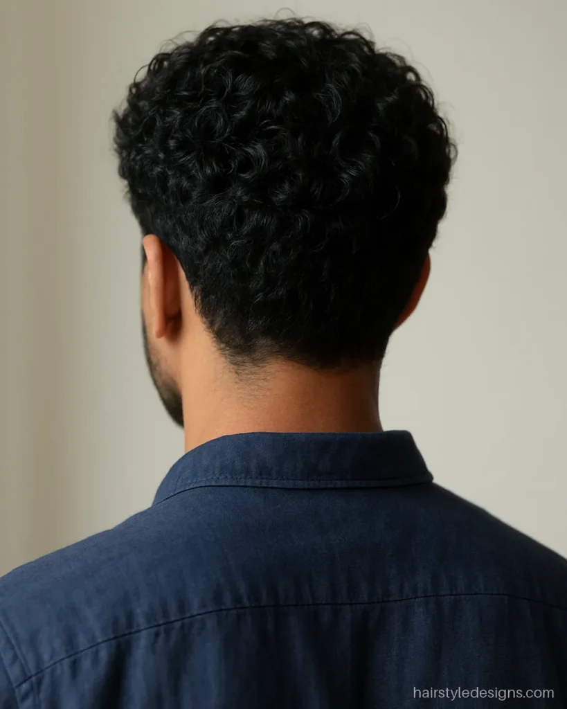 Curly hairstyle for men with medium curls cut round with scissors