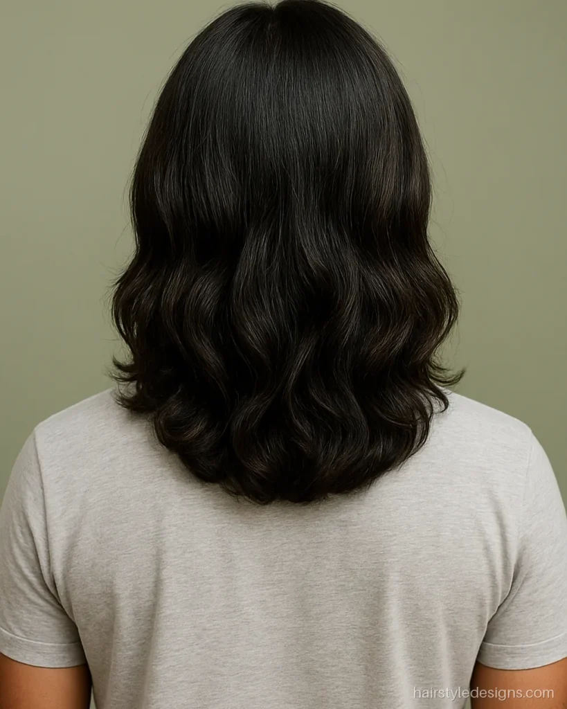 Long wavy hairstyle for men with shoulder length waves and middle part
