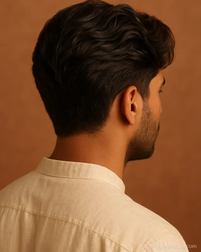Side swept hairstyle for thick wavy hair on men with soft layers