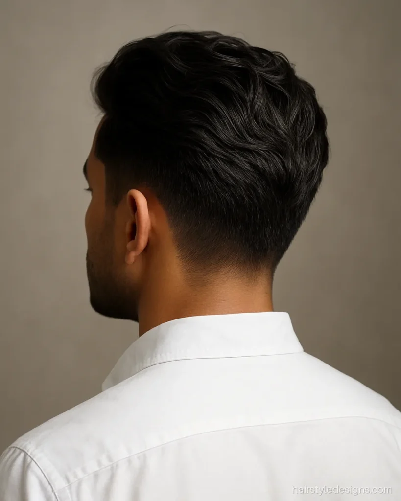 Wavy hairstyle men wear with a mid taper and waves swept back