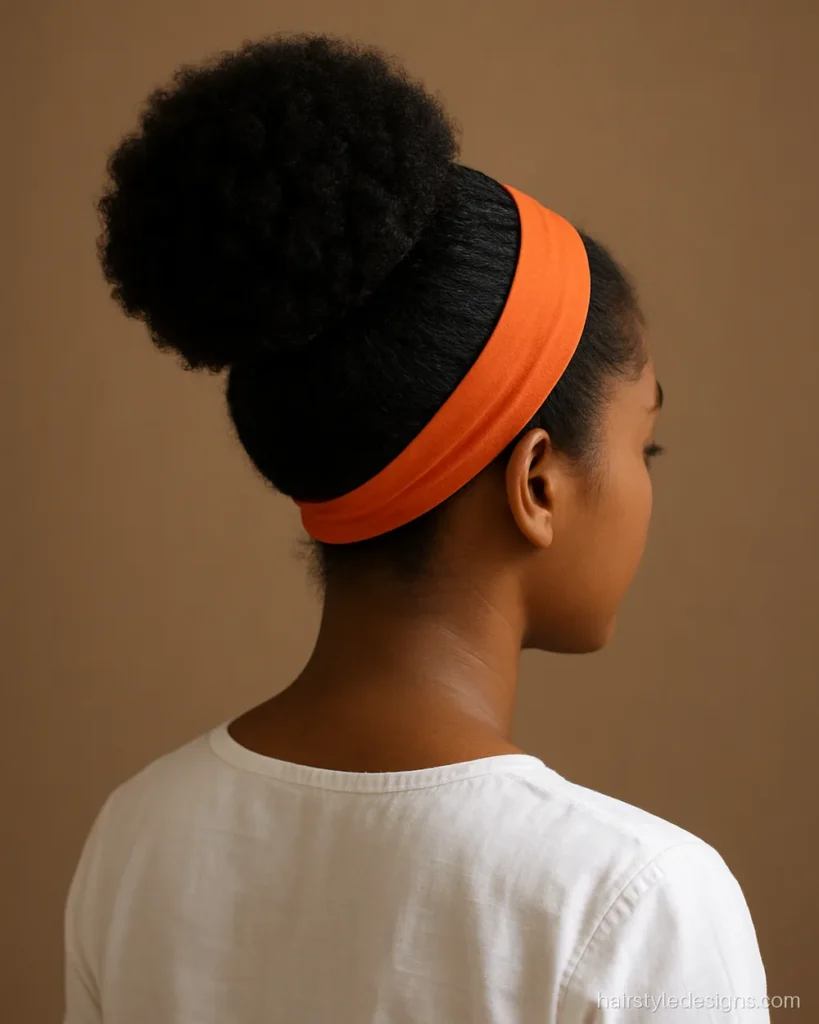 Afro hairstyle for women with a high puff and a wide fabric headband