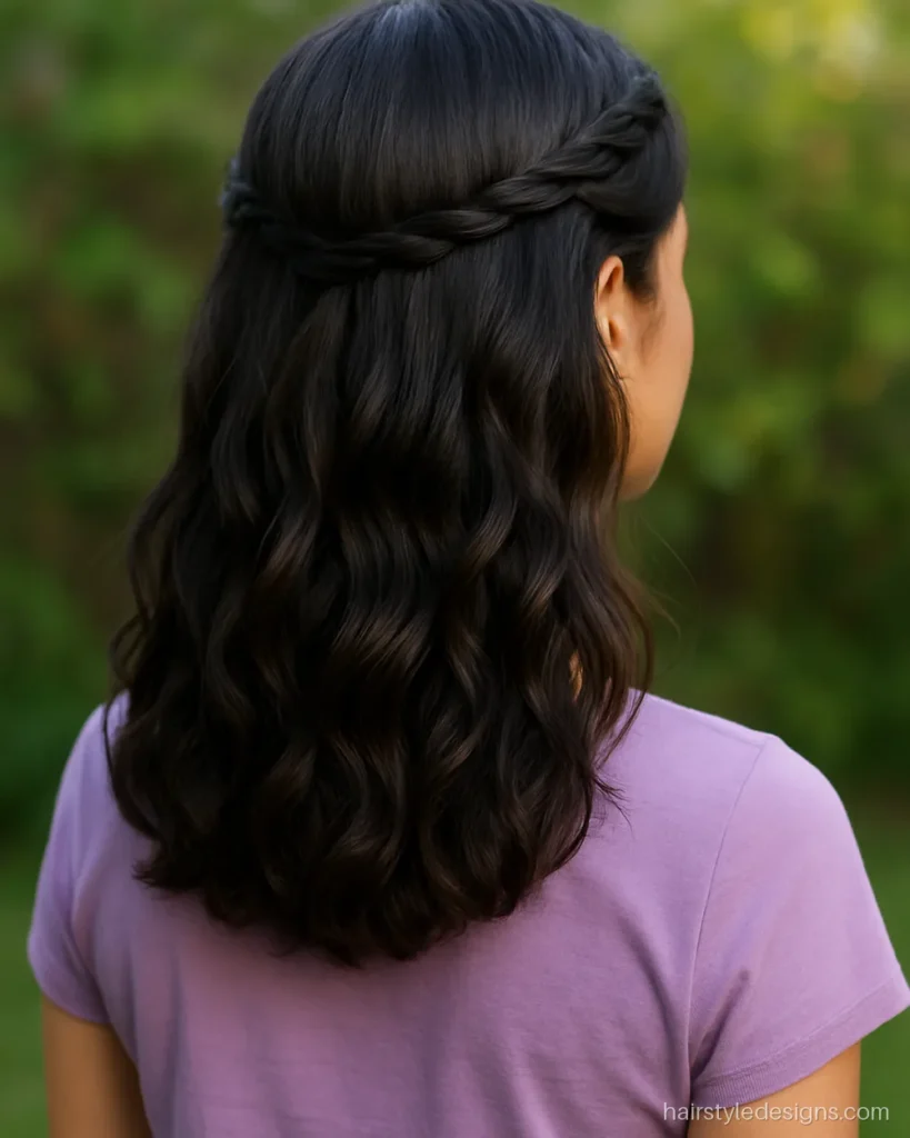 Wavy hairstyle for women with loose waves and a thin crown braid