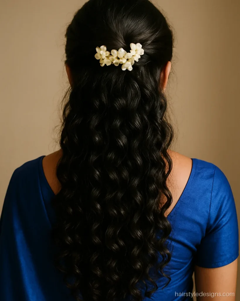 Curly hair hairstyle for saree with half up curls and white flowers