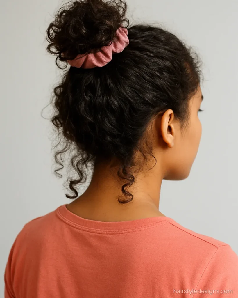 Curly hairstyle with a loose high pineapple bun on top of the head
