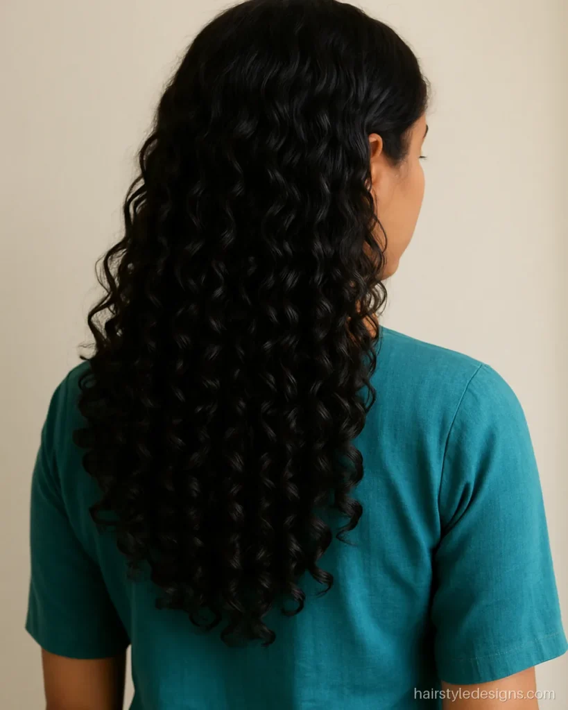 Curly hair hairstyle with long layered defined curls worn open