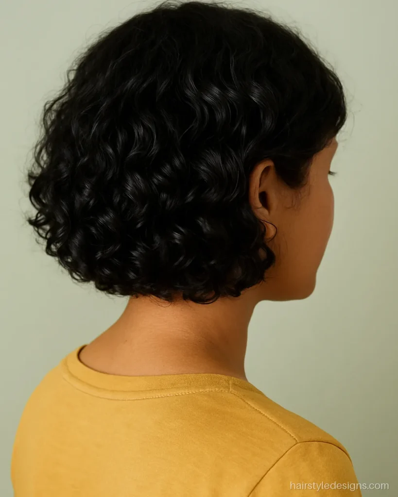 Short curly hairstyle for women with a rounded chin length curly bob