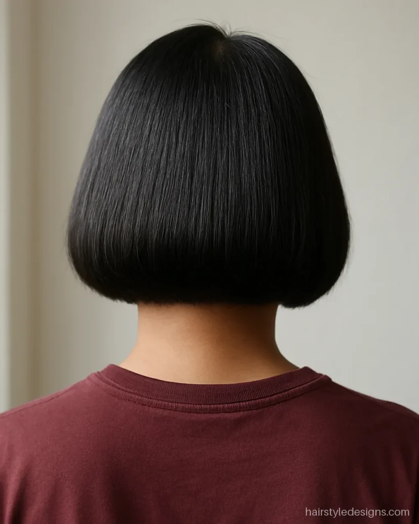 Blunt cut for men with medium hair cut straight across at the nape