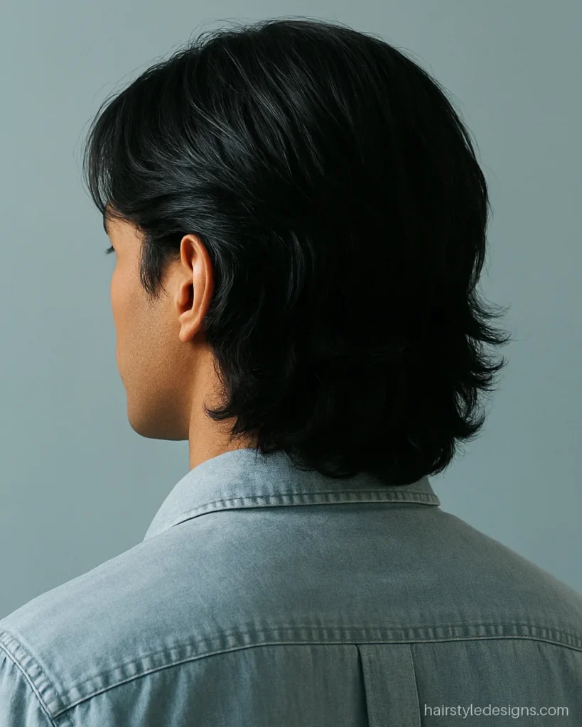 Collar length layered haircut on wavy hair tucked behind the ears