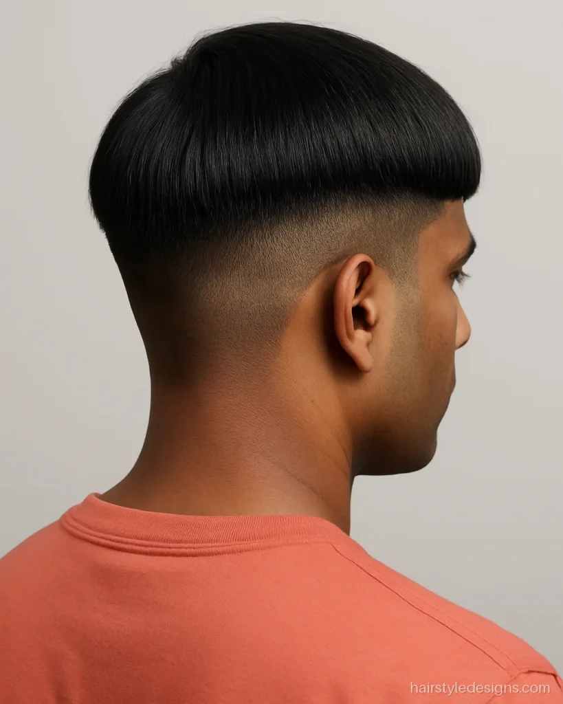 Cup cut with a bowl shaped top sitting over clipped short sides