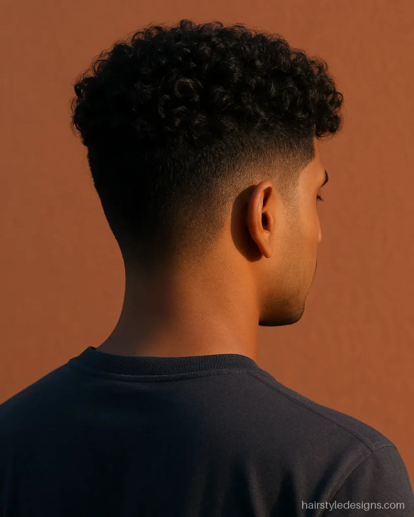 Cup cut on curly hair with a short taper and a rounded curly top