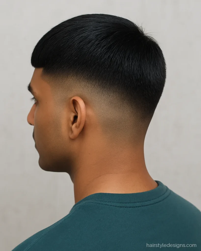 Edgar cut with a blunt straight fringe line and a mid taper