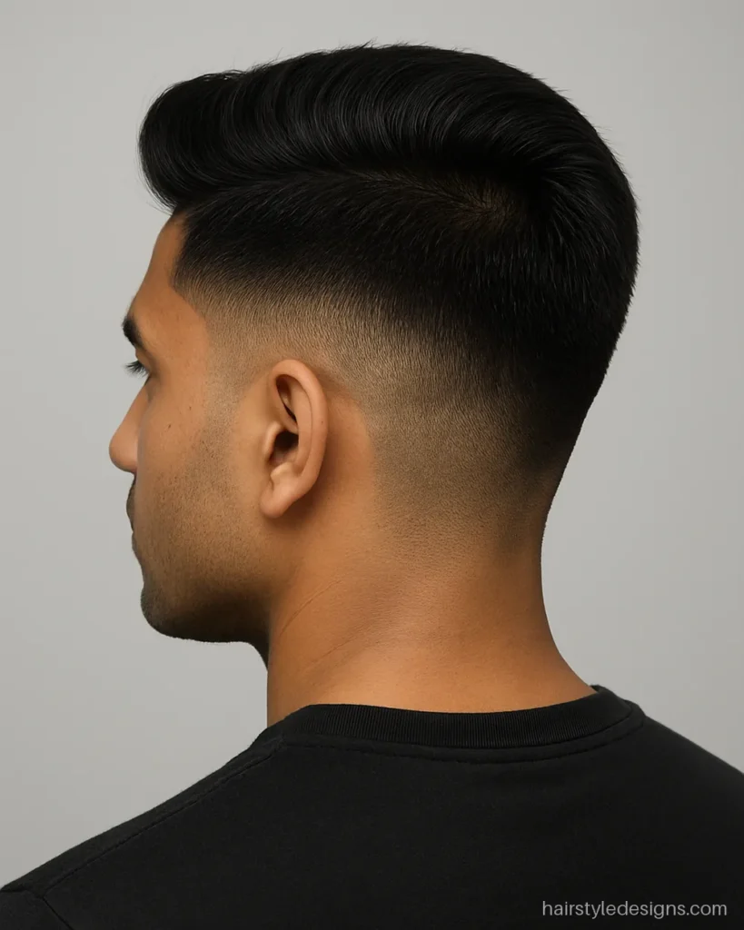 Front hair cut with short sides and a raised fringe at the hairline