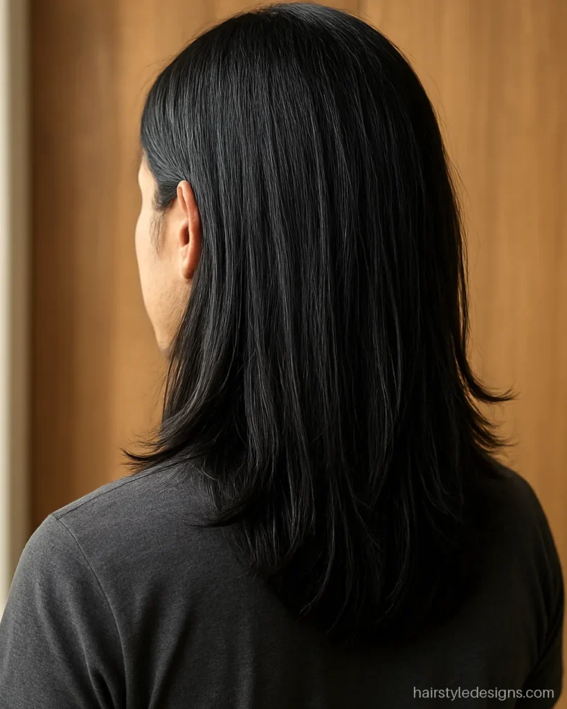 Long length haircut for men with straight hair cut to the shoulders in layers