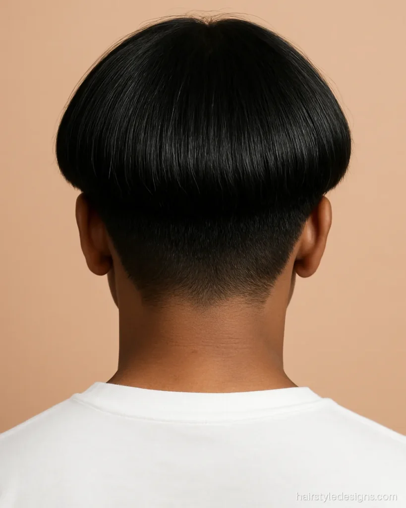 Mushroom cut on straight hair with a rounded fringe all around the head