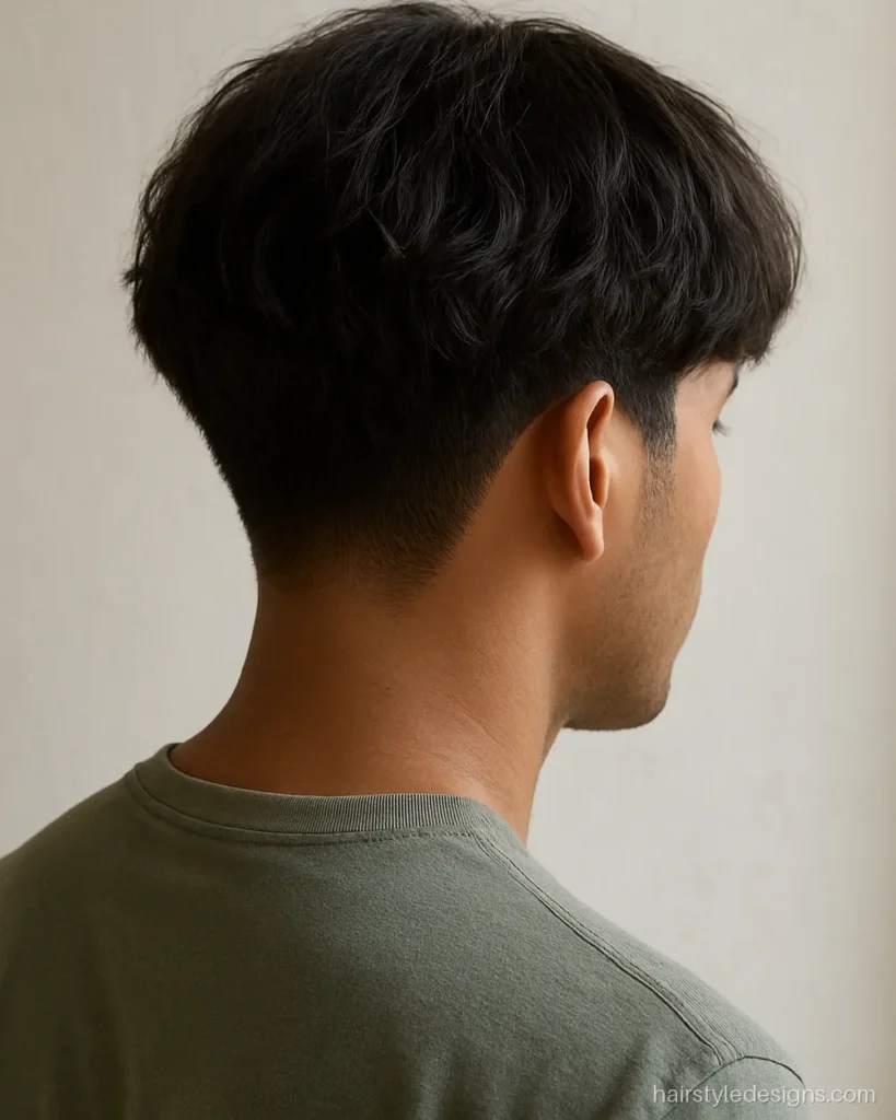 Mushroom haircut on wavy hair with a textured cap and a low taper