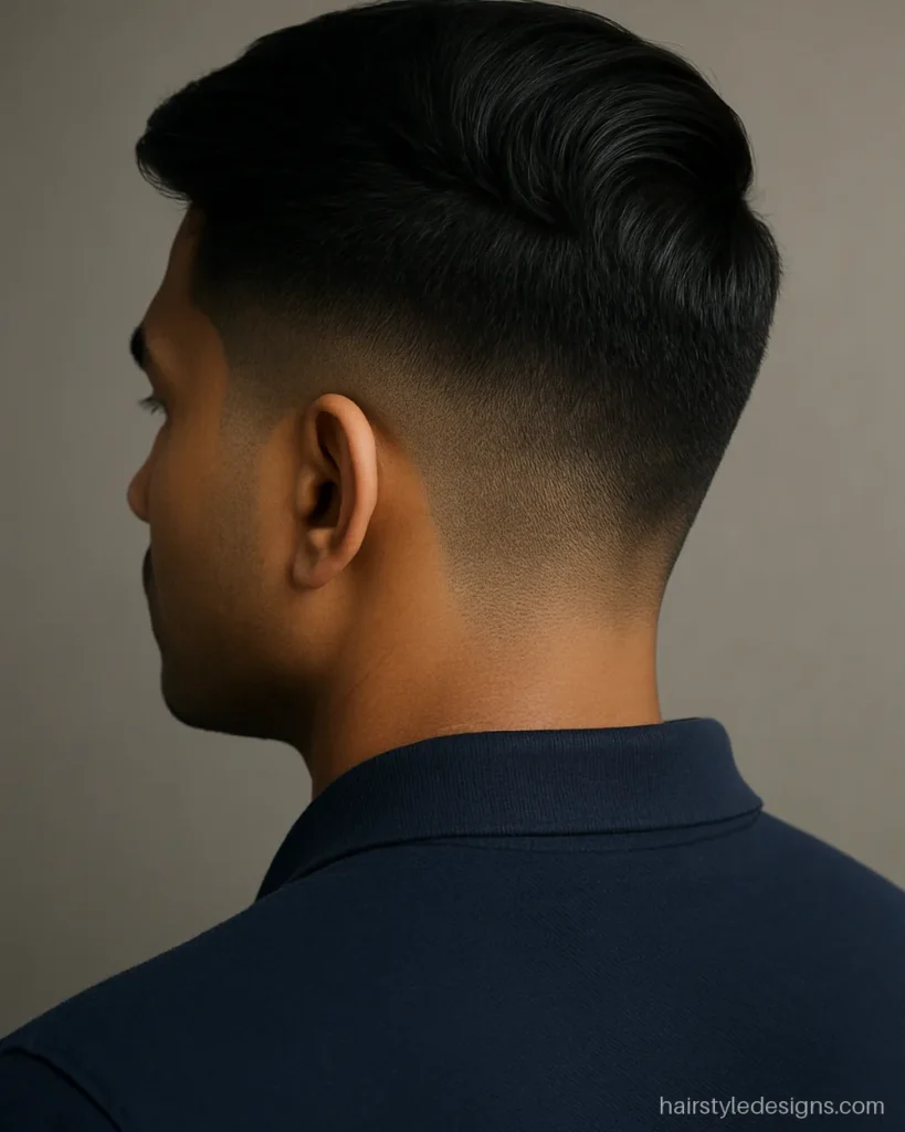 Side haircut with number 1 sides and a long top combed across