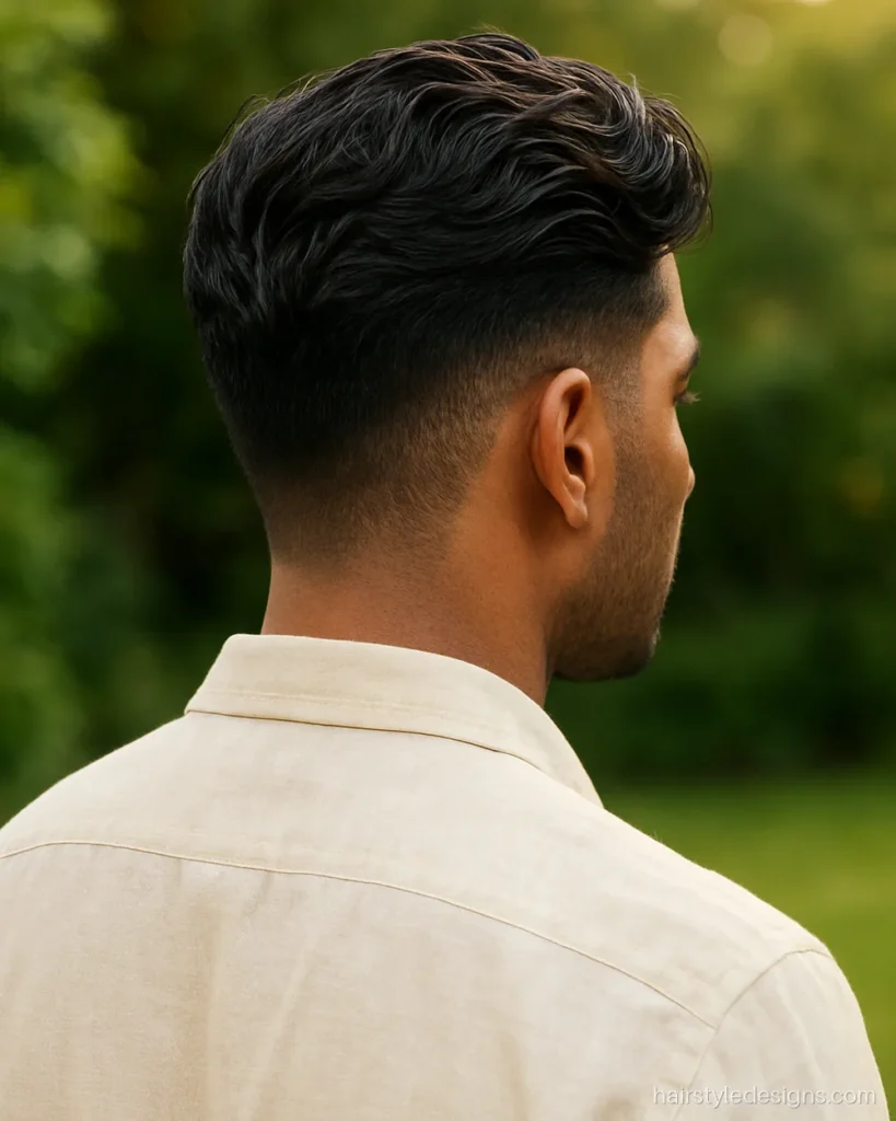 Side cut on wavy hair with number 2 sides and a swept back top