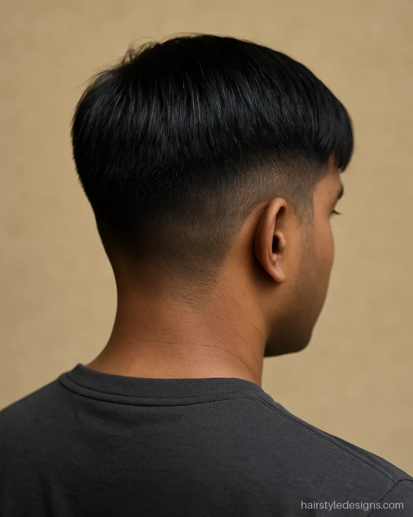 Straight haircut for men with an even scissor top and a soft taper