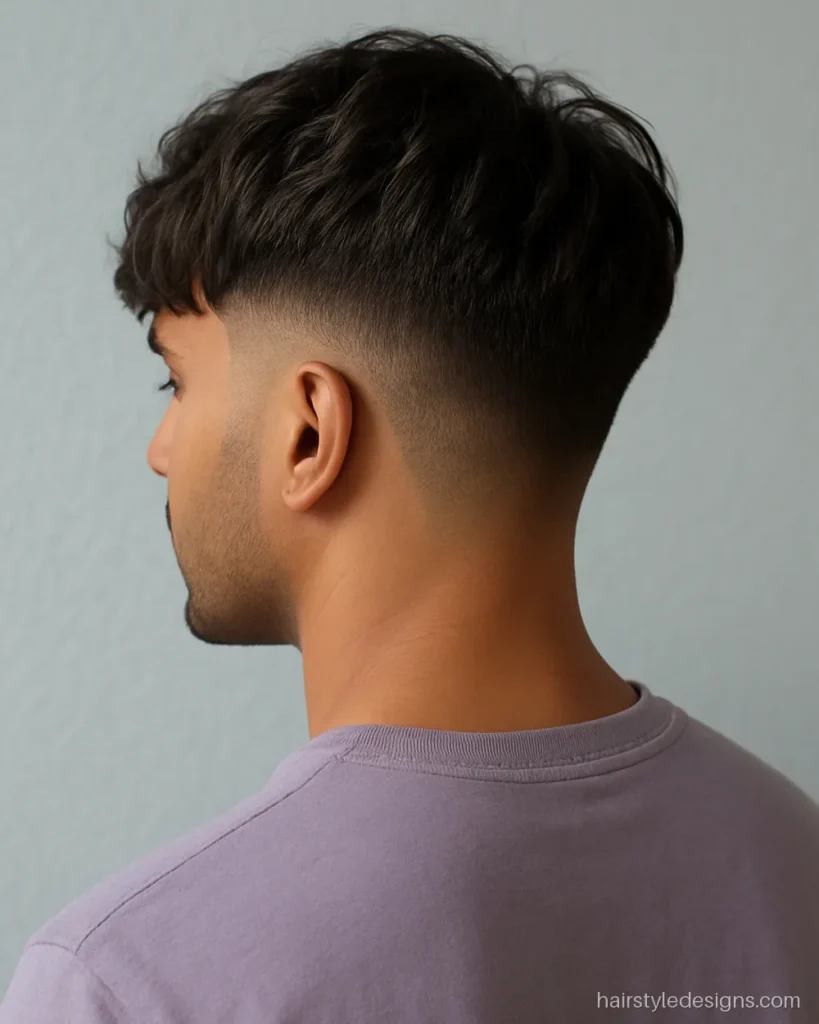Trendy haircut for men with a wavy textured fringe and a drop taper