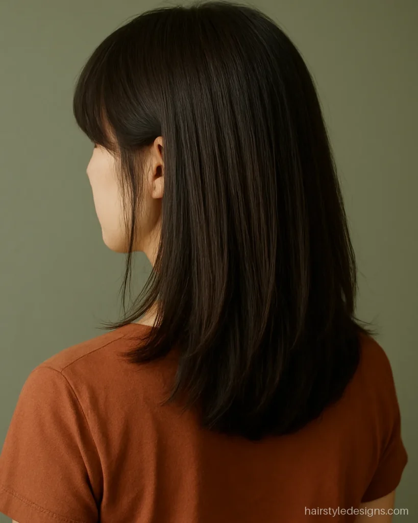 Feathered bangs parted in the centre over medium hair from the side