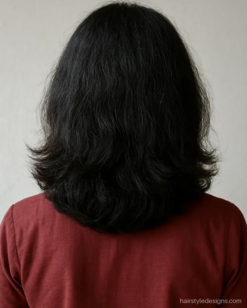 Feather cut for frizzy hair with smoothed feathered ends from behind