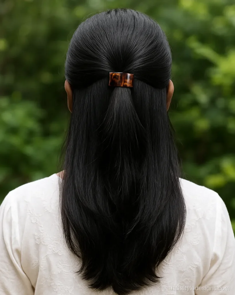 Hairstyle for feather cut hair with a loose half-up and feathered ends open