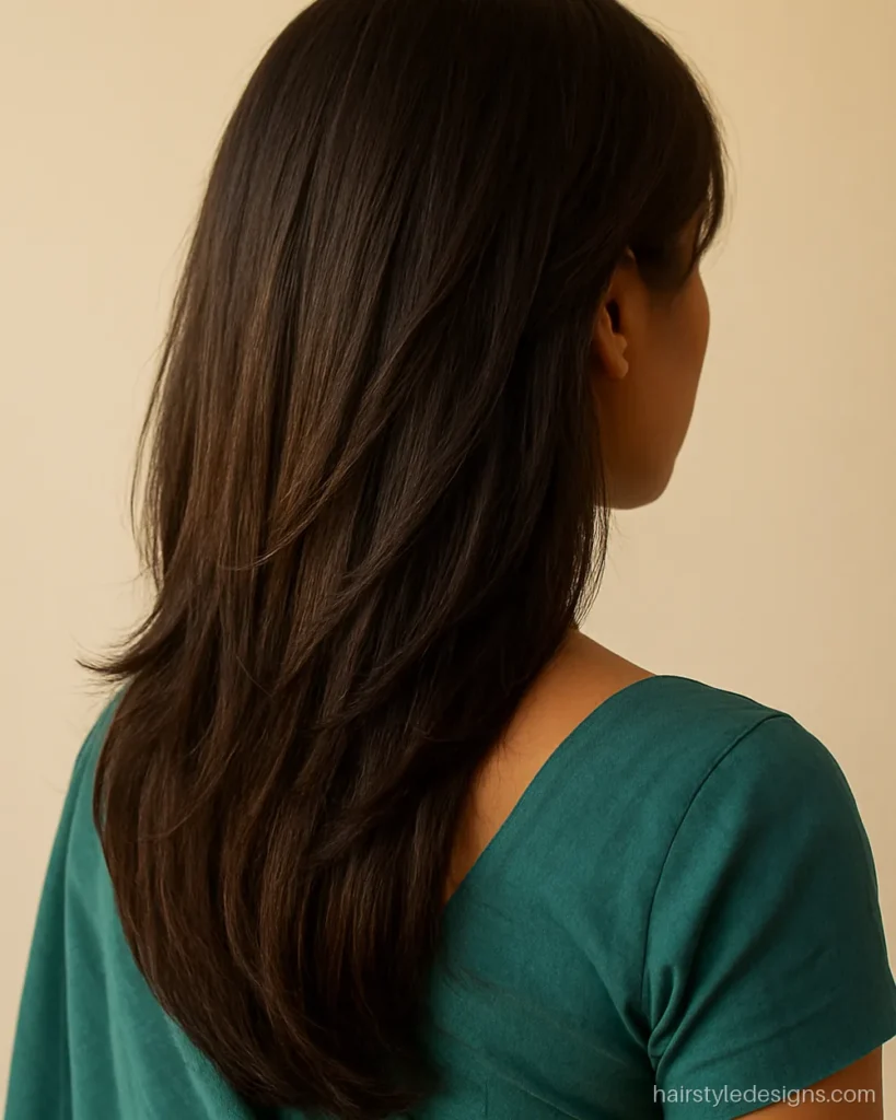 Feather haircut for long hair with feathered face-framing pieces seen from the side