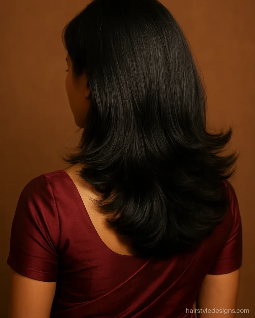 Long feather cut blow dried with feathered ends flicked outward for volume