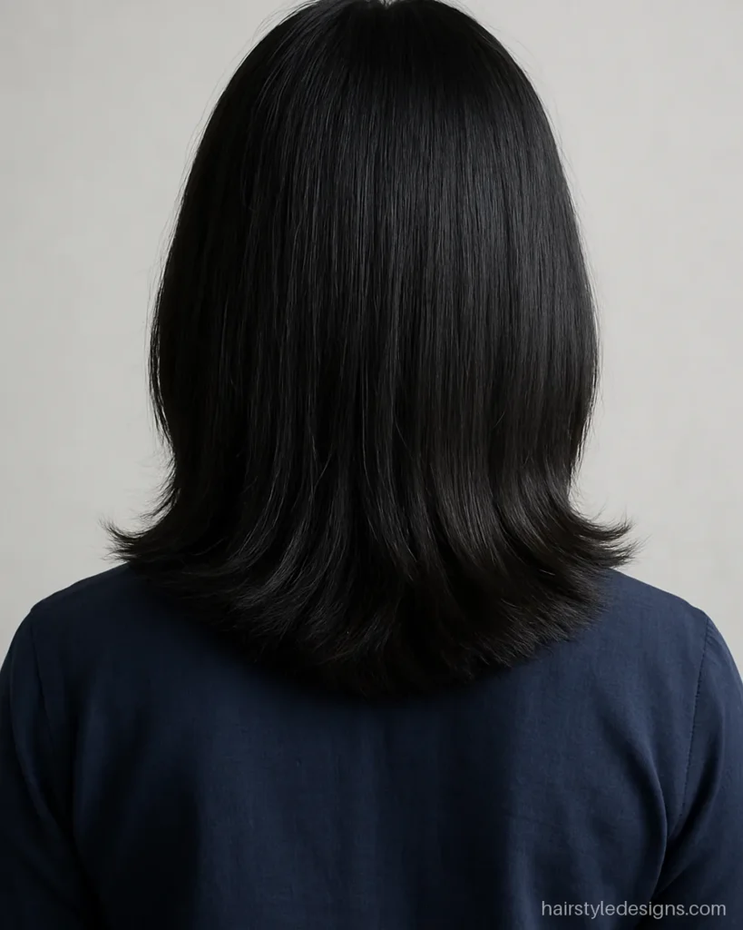 Feather haircut for medium hair with a centre part and feathered sides