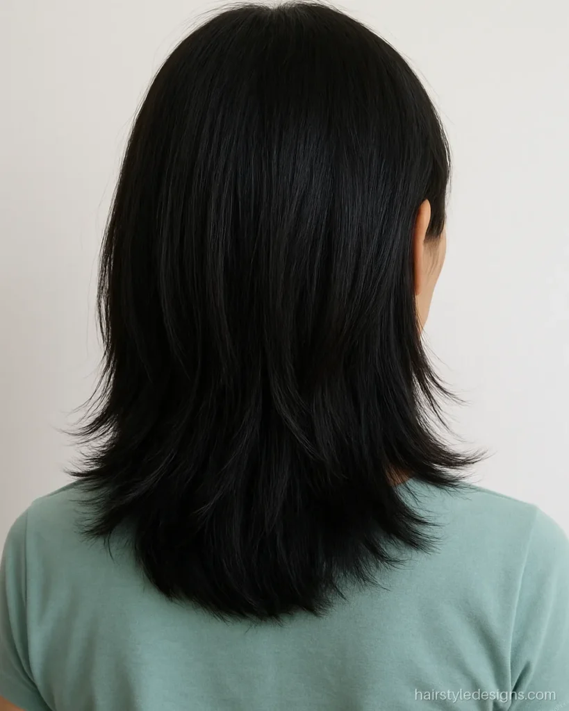 Feather cut for medium hair with tapered ends resting on the shoulders