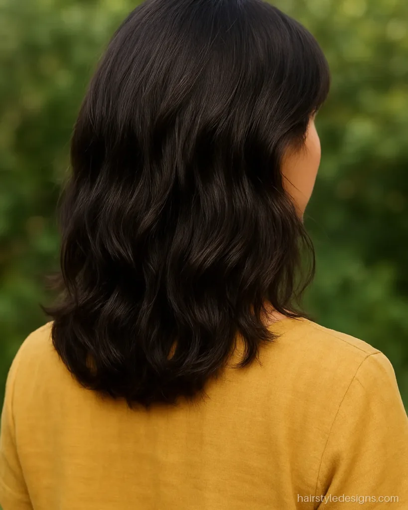 Medium feather cut on wavy hair air dried with a light leave-in cream