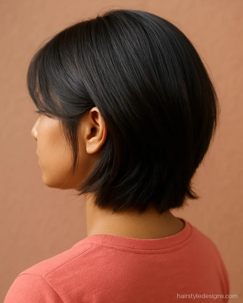 Short feather cut hairstyle at jaw length with a side swept feathered fringe