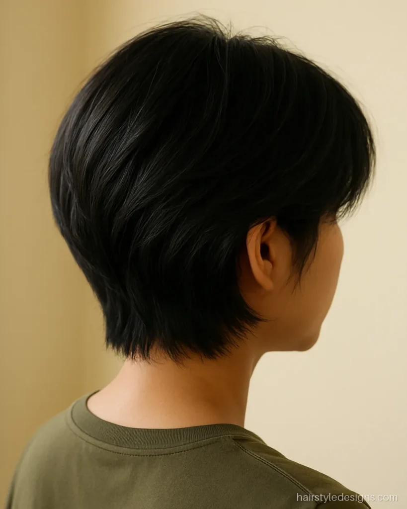 Feather haircut for short hair at ear length with a piecey crown