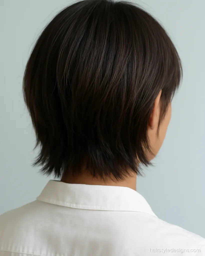 Short feathered hair at chin length with soft wispy ends at the nape