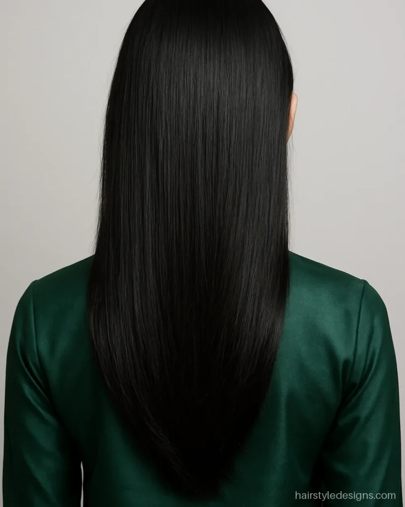 Straight hair feather cut with glossy tapered ends at mid-back