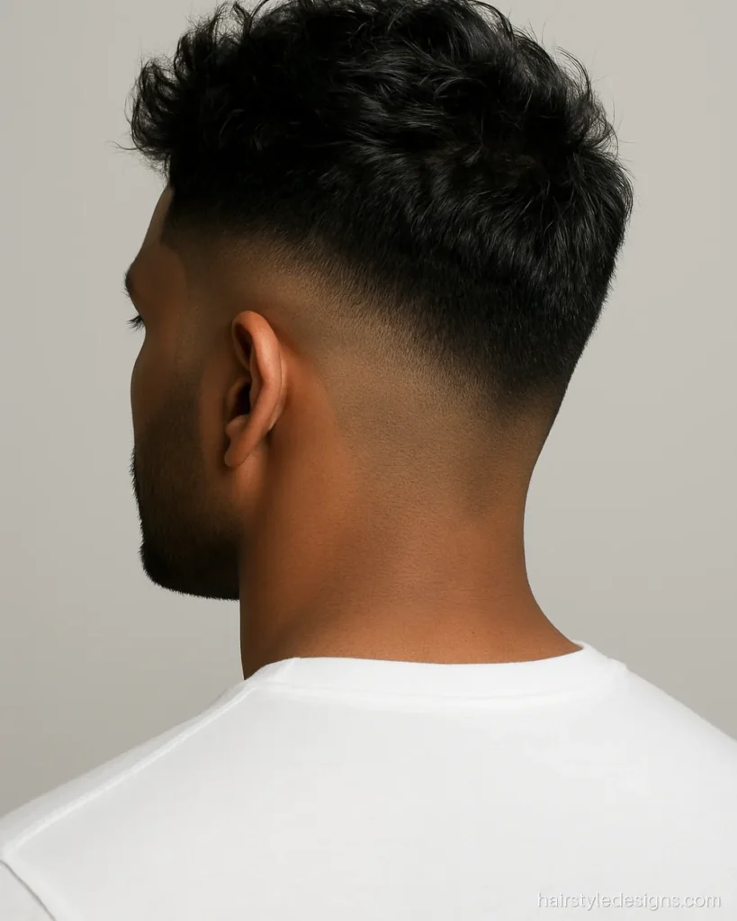 Burst fade hairstyle curving around the ear with a short textured top