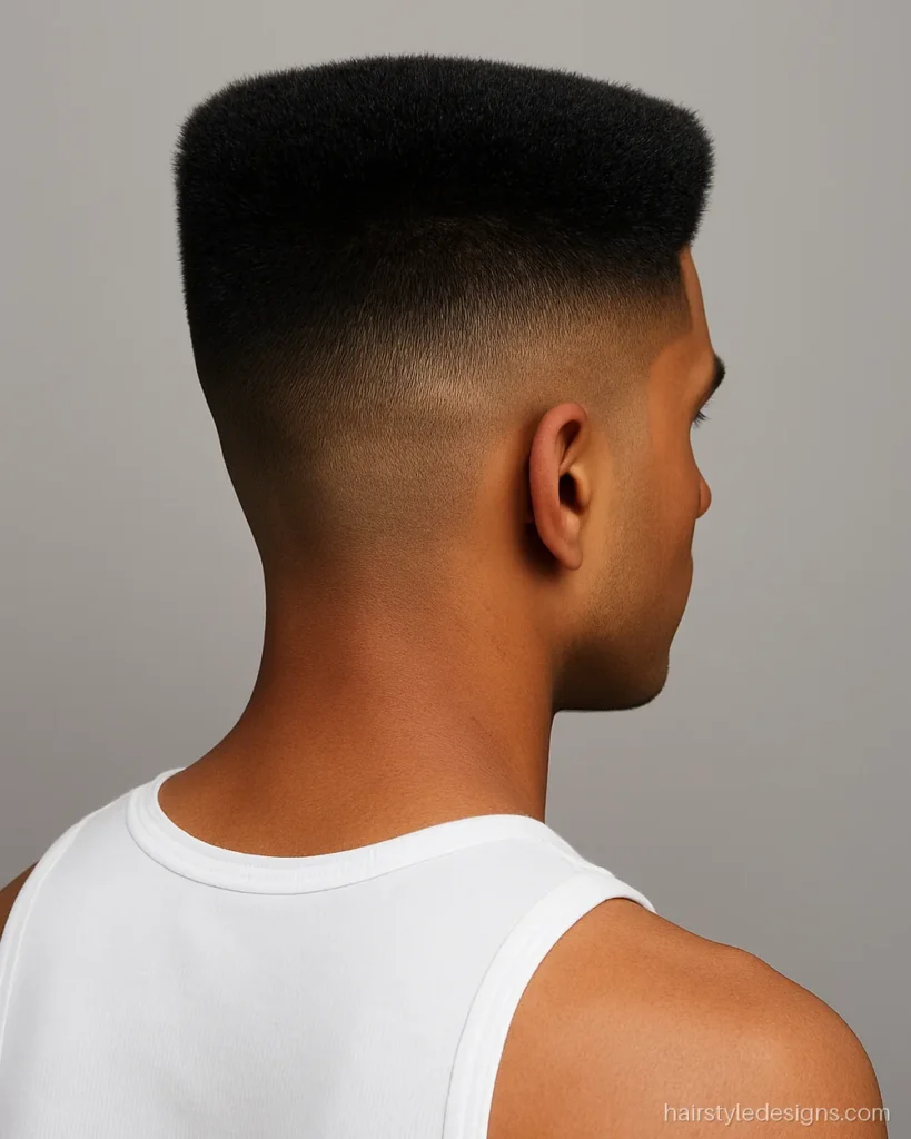 High fade hairstyle with a flat top shape and straight edges