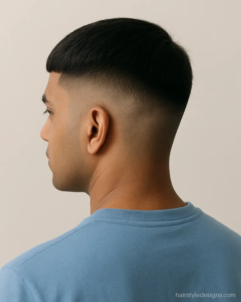 High fade hairstyle with a French crop and blunt fringe