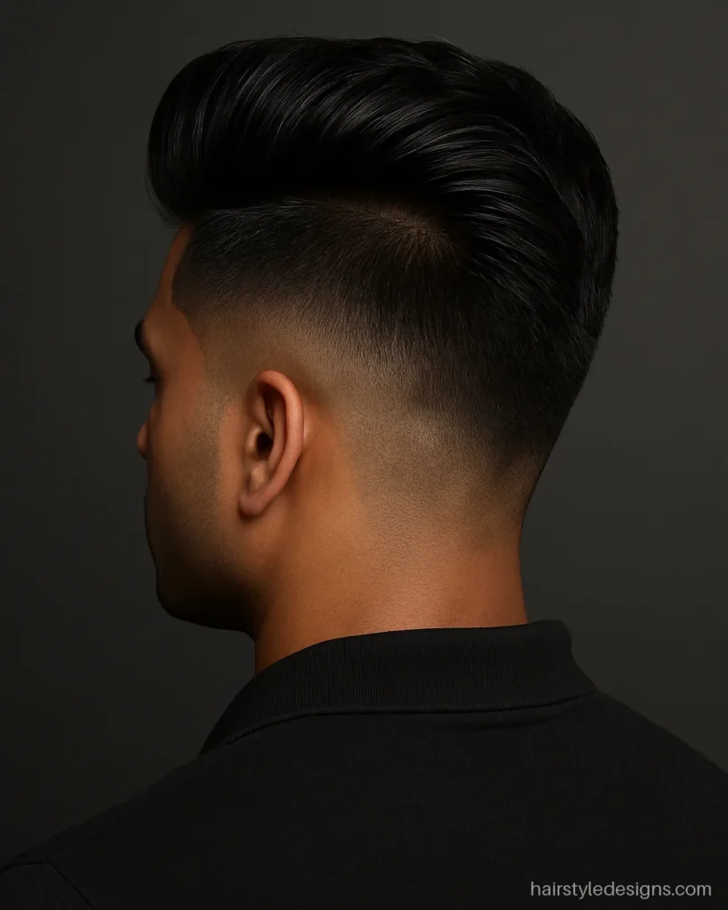 High fade with a tall quiff for men with thick straight hair