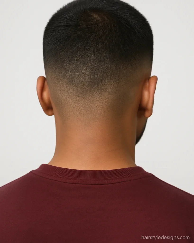 Low fade buzz cut with a short even top for a clean look