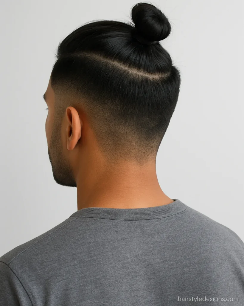 Low fade hairstyle with a long top tied in a small top knot